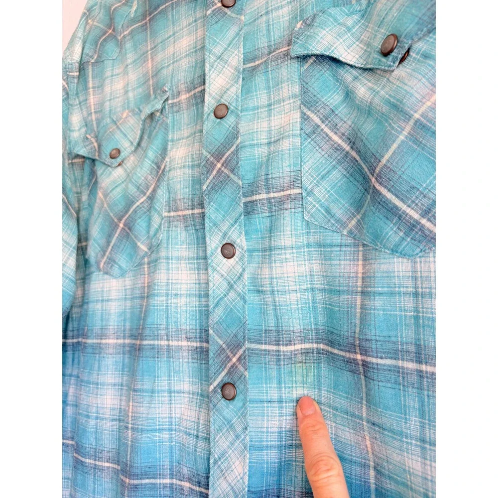 Patagonia Mens XXL Turquoise Plaid Hemp Blend Snap Front Western Shirt